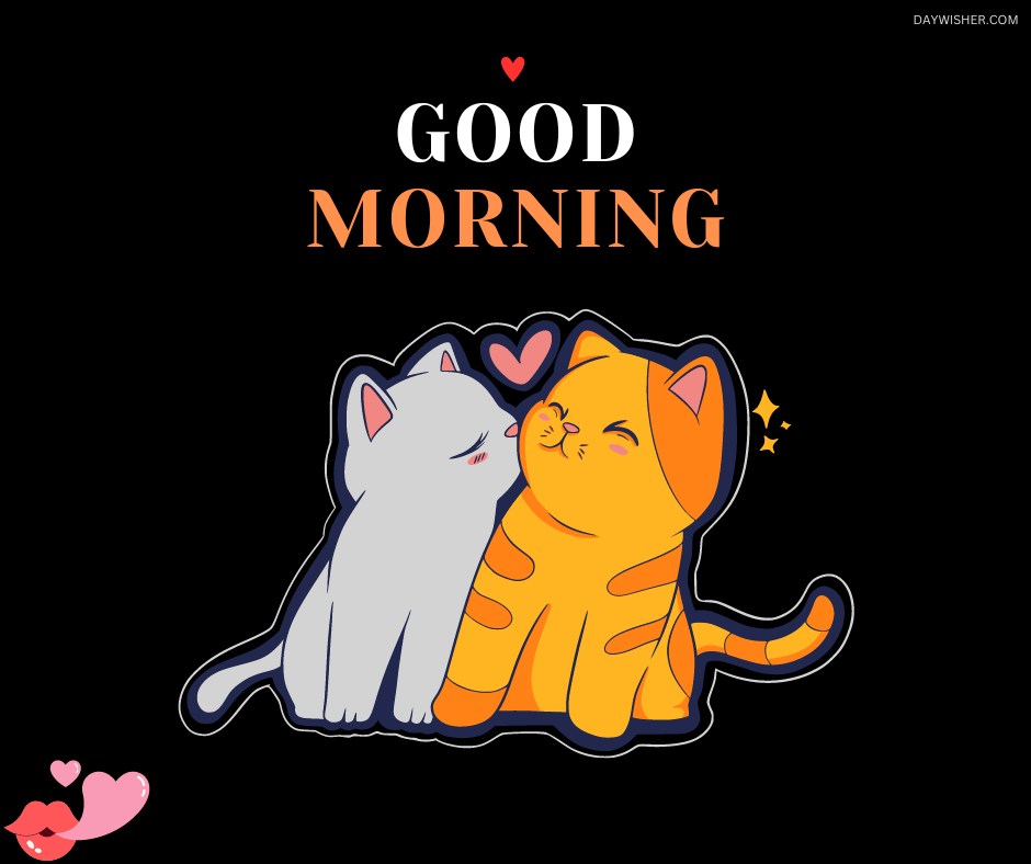 An adorable illustration of two cats sharing a kiss, with a heart above them and the text "Good Morning" written above. The playful and sweet design is perfect for a cheerful and loving morning greeting.