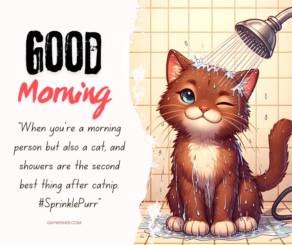 A charming illustration of a brown kitten enjoying a refreshing shower. The kitten stands contentedly under a stream of water from a showerhead, eyes closed and smiling, surrounded by a tiled bathroom background. Water droplets sparkle as they cascade over the kitten's fur, adding a touch of realism to this cute moment.