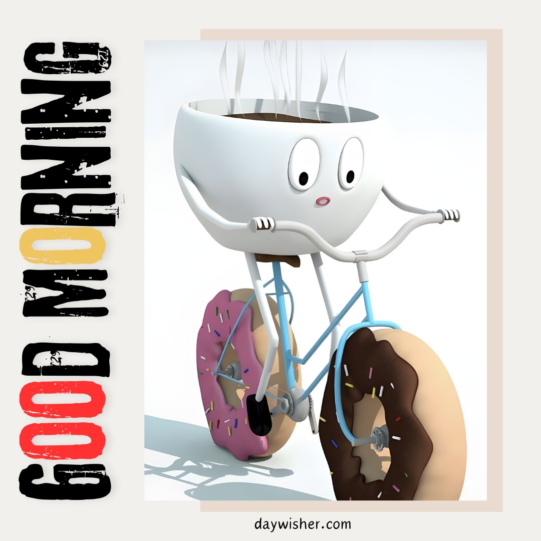 A playful good morning coffee image featuring a coffee cup character riding a bicycle with doughnut wheels, adding a whimsical touch to good morning coffee images for a fun and creative start to the day.