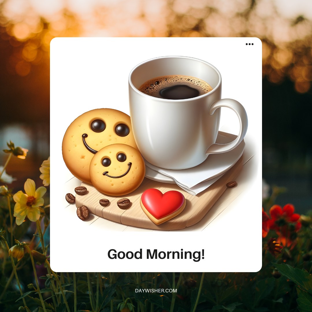 A heartwarming good morning coffee scene with a cup of fresh coffee, a smiling cookie, and a red heart on a wooden tray, set against a background of golden morning light and flowers, perfect for sharing as good morning coffee images that bring joy and warmth.