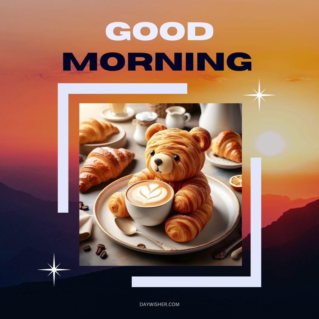 A delightful good morning coffee setup featuring a unique bear-shaped croissant paired with a cup of coffee that has heart-shaped latte art, set against a sunrise background, ideal for good morning coffee images that are both creative and inviting.