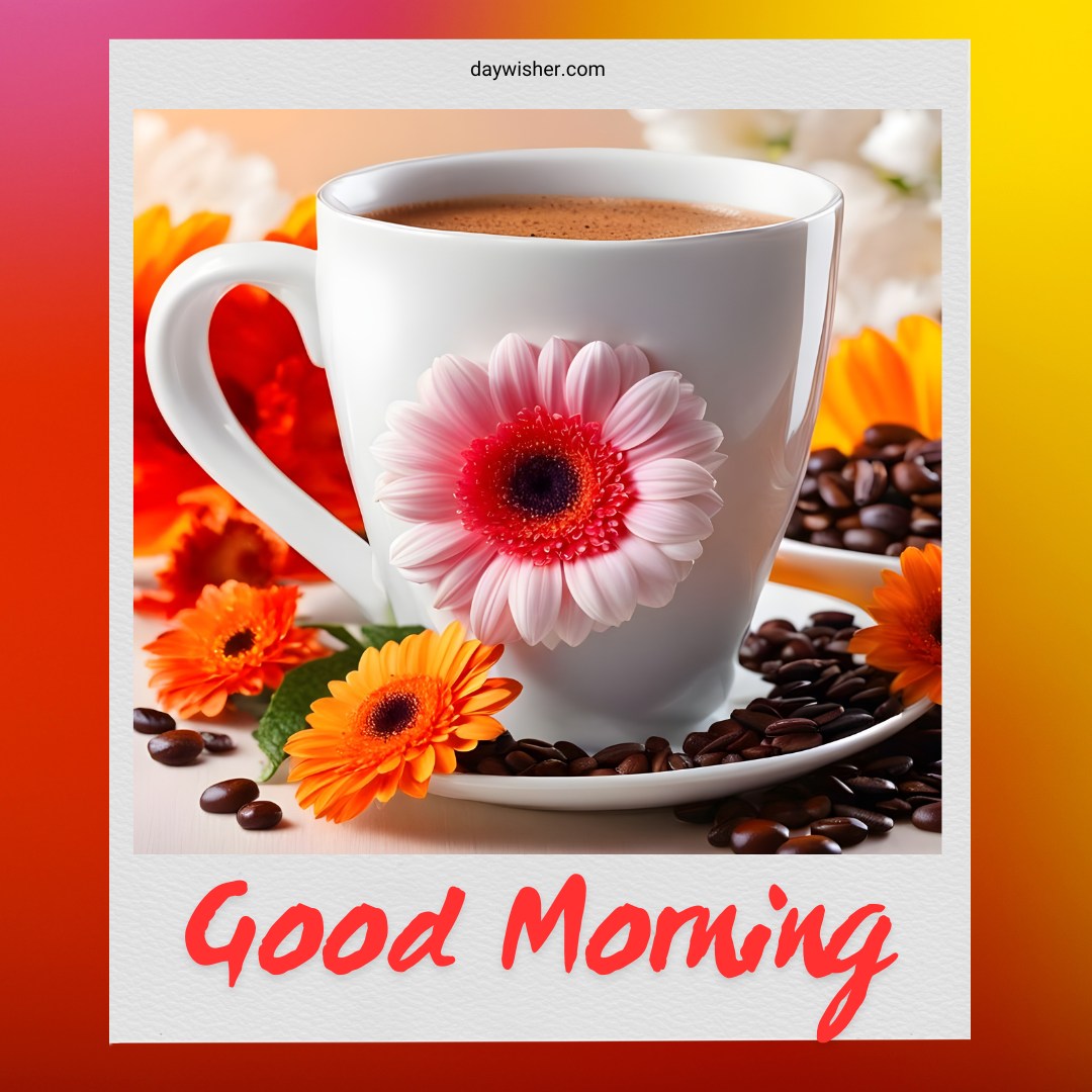 Bright and cheerful good morning coffee image featuring a white cup filled with coffee, surrounded by vibrant gerbera daisies on a saucer with scattered coffee beans, embodying a fresh and energizing start to the day.