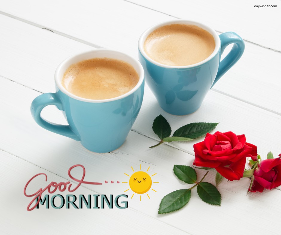 Two vibrant blue coffee cups filled with freshly brewed coffee, positioned on a white wooden surface beside bright red roses, under a cheerful "Good Morning" greeting with a sunny emoji, perfect for those searching for uplifting good morning coffee images.