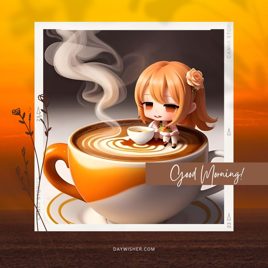 An enchanting good morning coffee image featuring a large cup of coffee with latte art, accompanied by a cute anime girl enjoying a tiny cup of her own, set against a warm orange sunrise background, perfect for a magical start to the day.