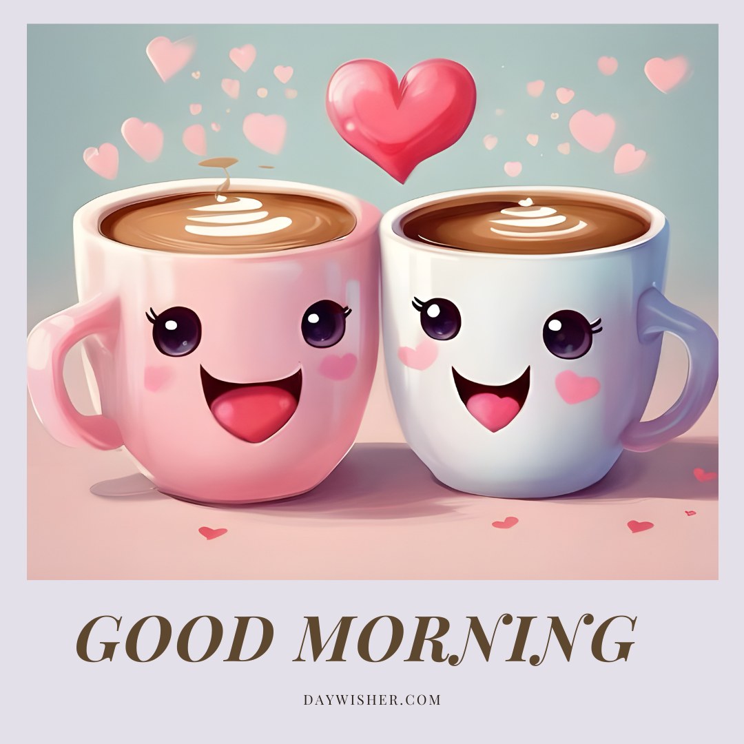 An adorable good morning coffee image with two smiling mugs, one pink and one white, surrounded by floating pink hearts and a larger heart-shaped balloon, capturing a cheerful and loving atmosphere perfect for good morning coffee images.