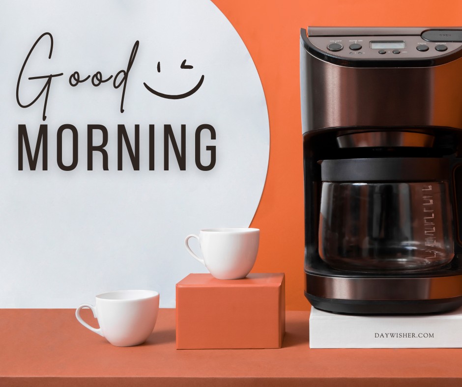 A fresh morning setup with a stylish coffee maker, two white cups on a burnt orange background, and a large "Good Morning" greeting in a casual font. Perfect to start the day with a warm cup of coffee.