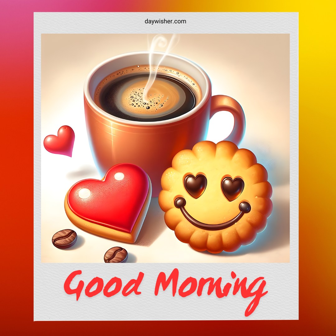 A vibrant good morning coffee scene featuring a steaming cup of coffee, a cheerful cookie with heart-shaped eyes, and a glossy red heart, ideal for sharing as good morning coffee images that spread happiness and warmth.