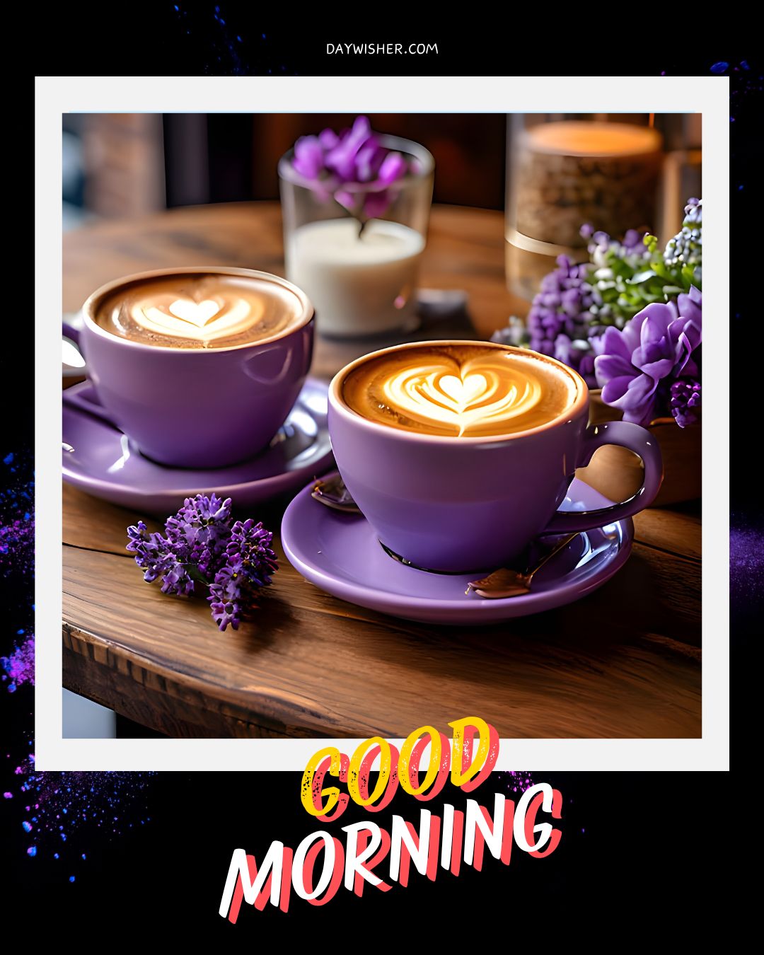 Cozy good morning coffee image showcasing two purple cups with heart-shaped latte art, accompanied by lilac flowers and a candle, set on a wooden table to create a warm, inviting morning ambiance.