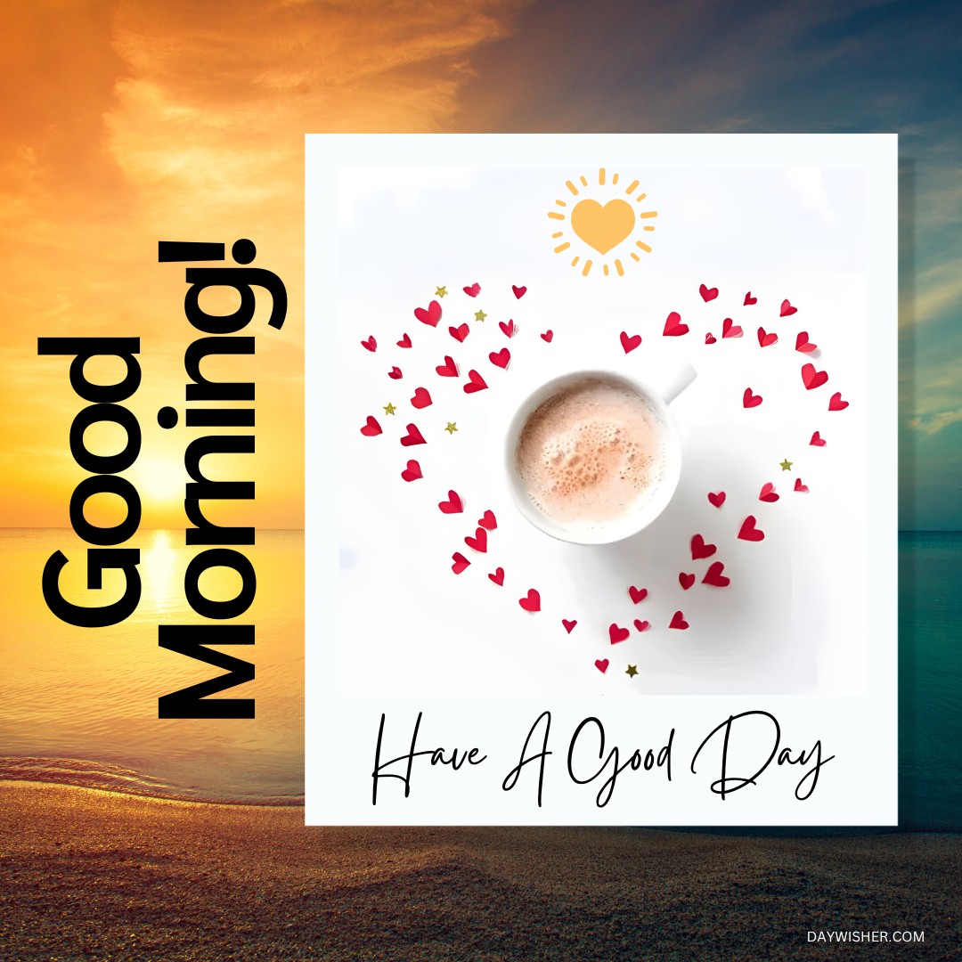 A vibrant good morning scene with a coffee cup surrounded by a heart-shaped arrangement of red hearts, set against a stunning sunrise over the sea, perfect for sharing as good morning coffee images that inspire a positive start to the day.