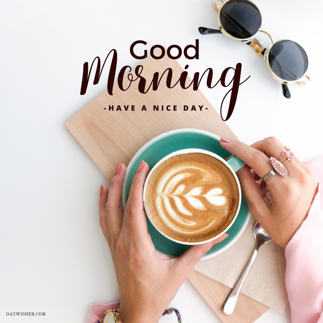 Enjoy a refreshing start to your day with this captivating good morning coffee image, featuring a beautifully crafted latte art in a vibrant teal cup held by a person adorned with stylish rings and a pink sleeve, set against a clean white background with chic sunglasses nearby.