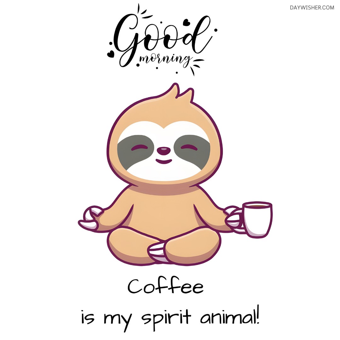 This adorable good morning coffee image features a cute, cartoon-style sloth sitting cross-legged with a content smile, holding a small white coffee mug. The sloth is designed with soft brown and beige colors and has a gentle, happy expression. Above the sloth, the phrase "Good Morning" is playfully written in a whimsical, black script, accompanied by small hearts, enhancing the cheerful vibe. Below the sloth, the witty caption "Coffee is my spirit animal!" adds a humorous touch, making this image perfect for sharing a light-hearted morning message with coffee enthusiasts.