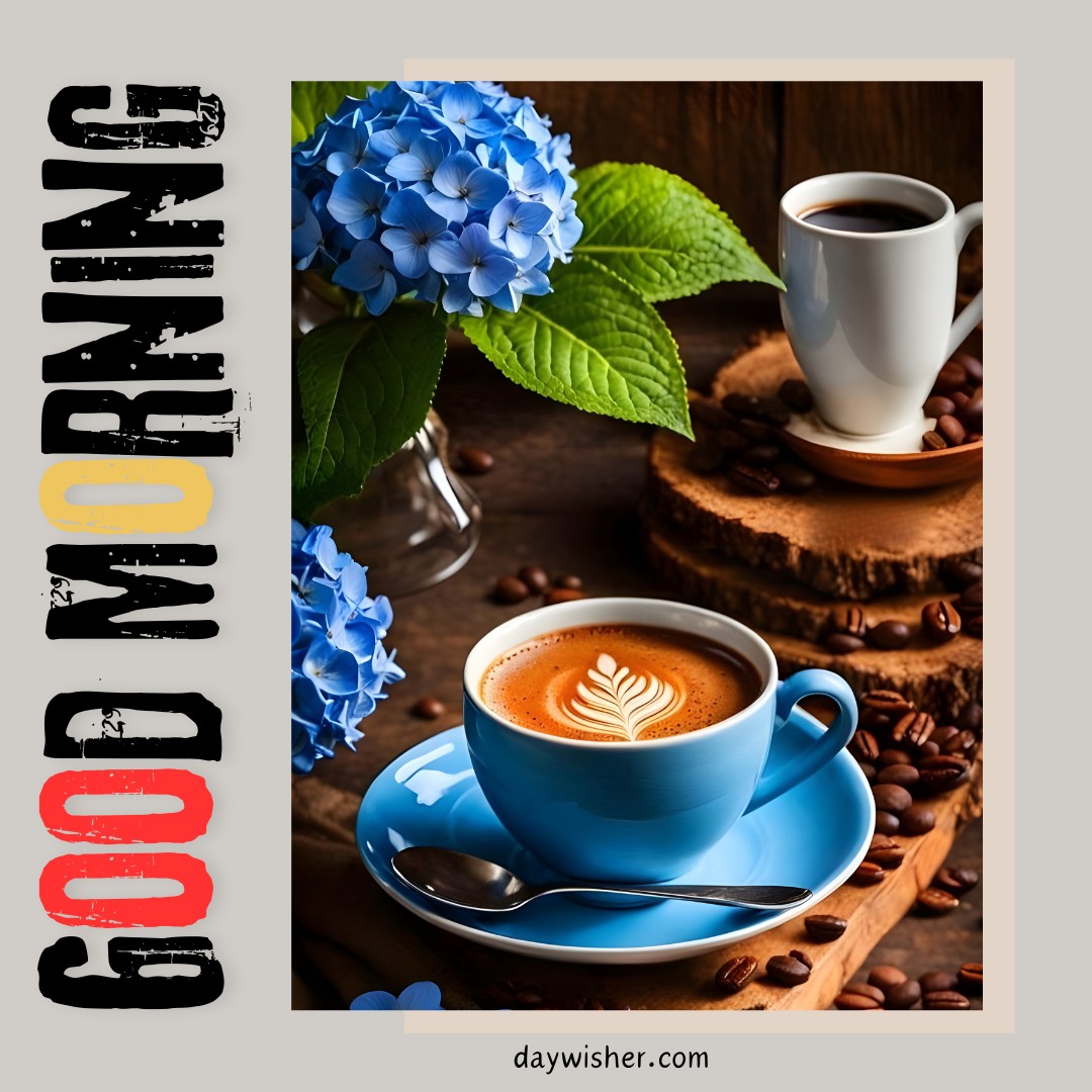 This visually appealing good morning coffee image showcases a vibrant setting with a cup of espresso and a cappuccino, each in a simple yet elegant white and blue cup respectively, set against a rustic wooden background strewn with coffee beans. A beautifully bloomed hydrangea in shades of blue adds a refreshing touch of nature to the scene. The espresso cup rests on a wooden coaster while the cappuccino features a perfect latte art design of a leaf, enhancing the artistic allure of the image. This composition combines the freshness of morning and the warmth of coffee, making it an ideal choice for a morning greeting or coffee-related social media post.