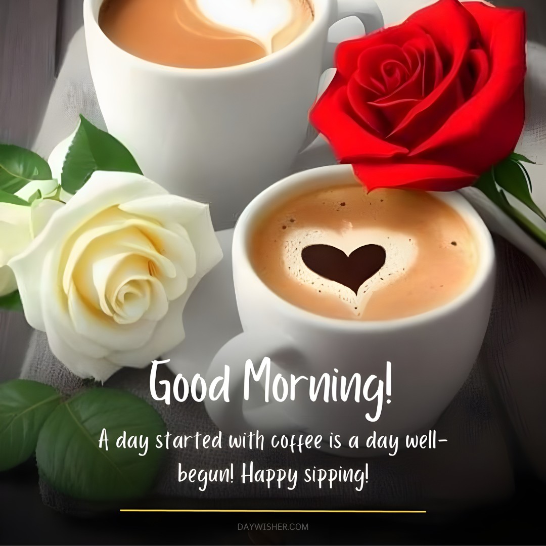 A charming good morning coffee image featuring two cups of coffee on a gray tablecloth. The cup in the foreground displays a heart-shaped coffee art design, while the other shows a design resembling a heart outline, both creating a warm and inviting atmosphere. Accompanying the cups are a vivid red rose and a pristine white rose with green leaves, symbolizing love and purity. The text "Good Morning! A day started with coffee is a day well-begun! Happy sipping!" enhances the image's mood, making it ideal for sharing as a morning greeting or romantic gesture.