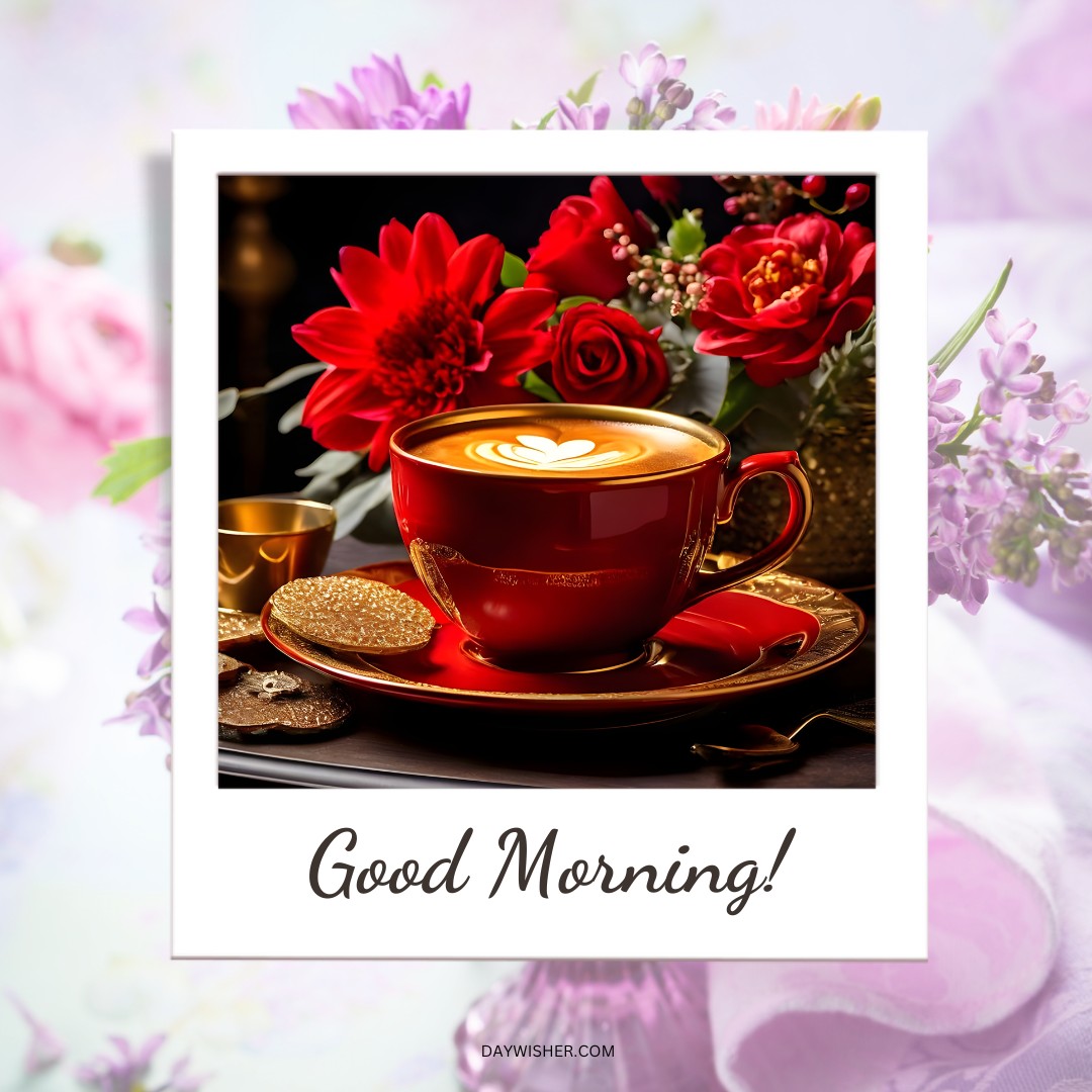 Captivating good morning coffee image showcasing a red cup with heart-shaped latte art on a golden saucer, surrounded by lush red flowers and biscuits, creating a luxurious and heartwarming start to the day.