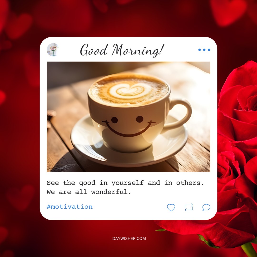 A heartwarming good morning scene featuring a coffee cup with a happy face and a heart-shaped foam art, alongside vibrant red roses, perfect for good morning coffee images that inspire positivity and motivation.