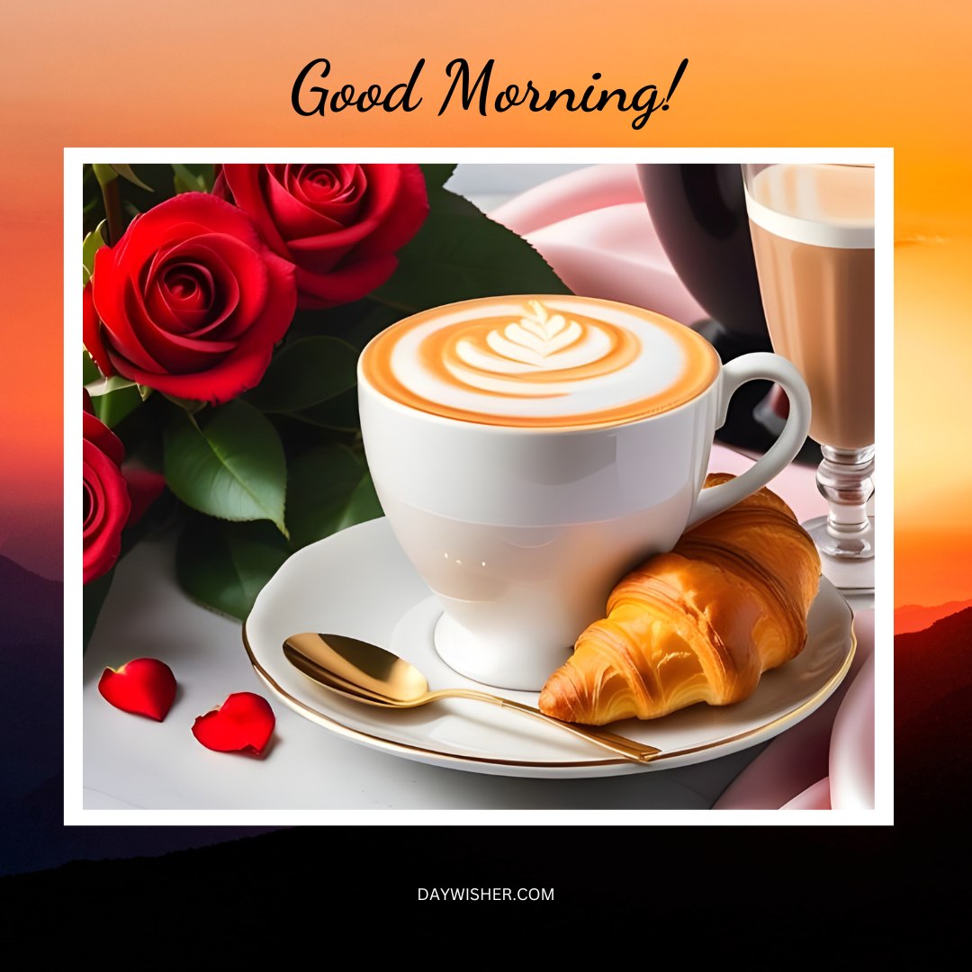 A beautiful good morning greeting featuring a cup of coffee with latte art, a fresh croissant, and a vase of red roses, creating a perfect setting for good morning coffee images that blend elegance and warmth.