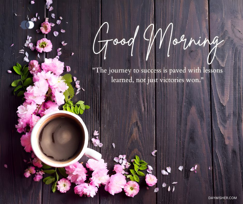 A cup of coffee surrounded by vibrant pink blossoms on a dark wooden background, accompanied by an inspiring good morning quote, ideal for a good morning flowers image that motivates and refreshes.