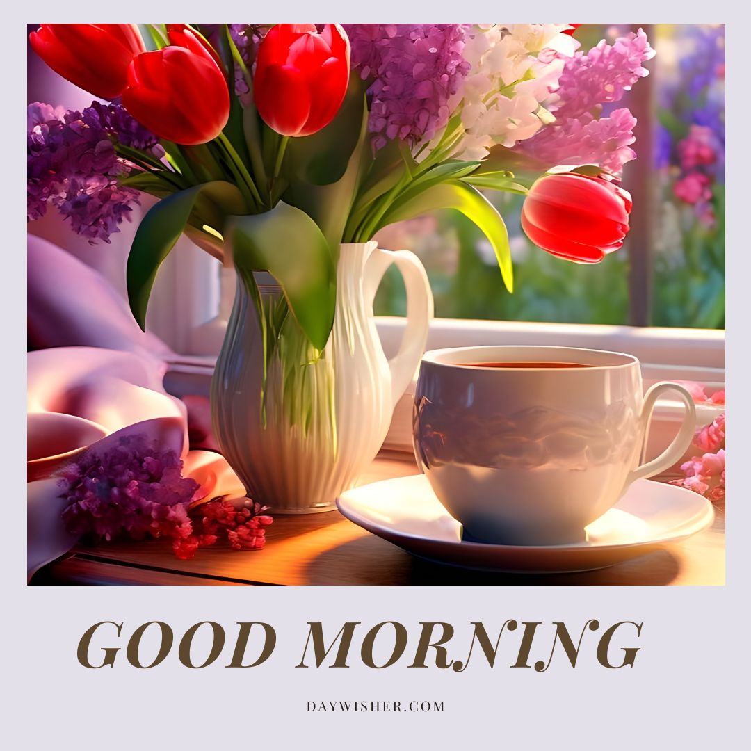 Beautiful good morning coffee image featuring a classic white cup on a saucer, placed beside a vibrant bouquet of red tulips and lilac blossoms in a white vase, set against a warm, sunlit window backdrop that invites a peaceful start to the day.