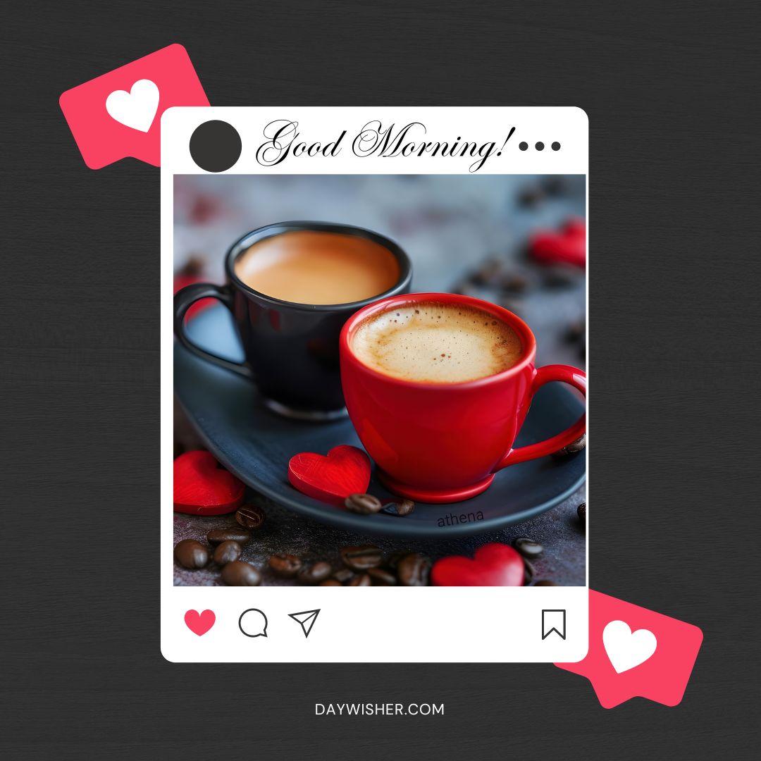 Charming good morning coffee image with two cups, one red and one black, filled with freshly brewed coffee on a slate tray surrounded by coffee beans and red hearts, presenting a cozy and loving morning scene.