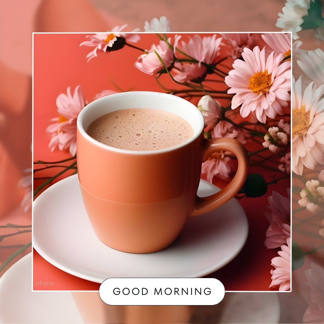 Warm and inviting good morning coffee image featuring a terracotta-colored cup of frothy coffee on a white saucer, beautifully complemented by a backdrop of soft pink autumn flowers, creating a serene and picturesque morning setting.