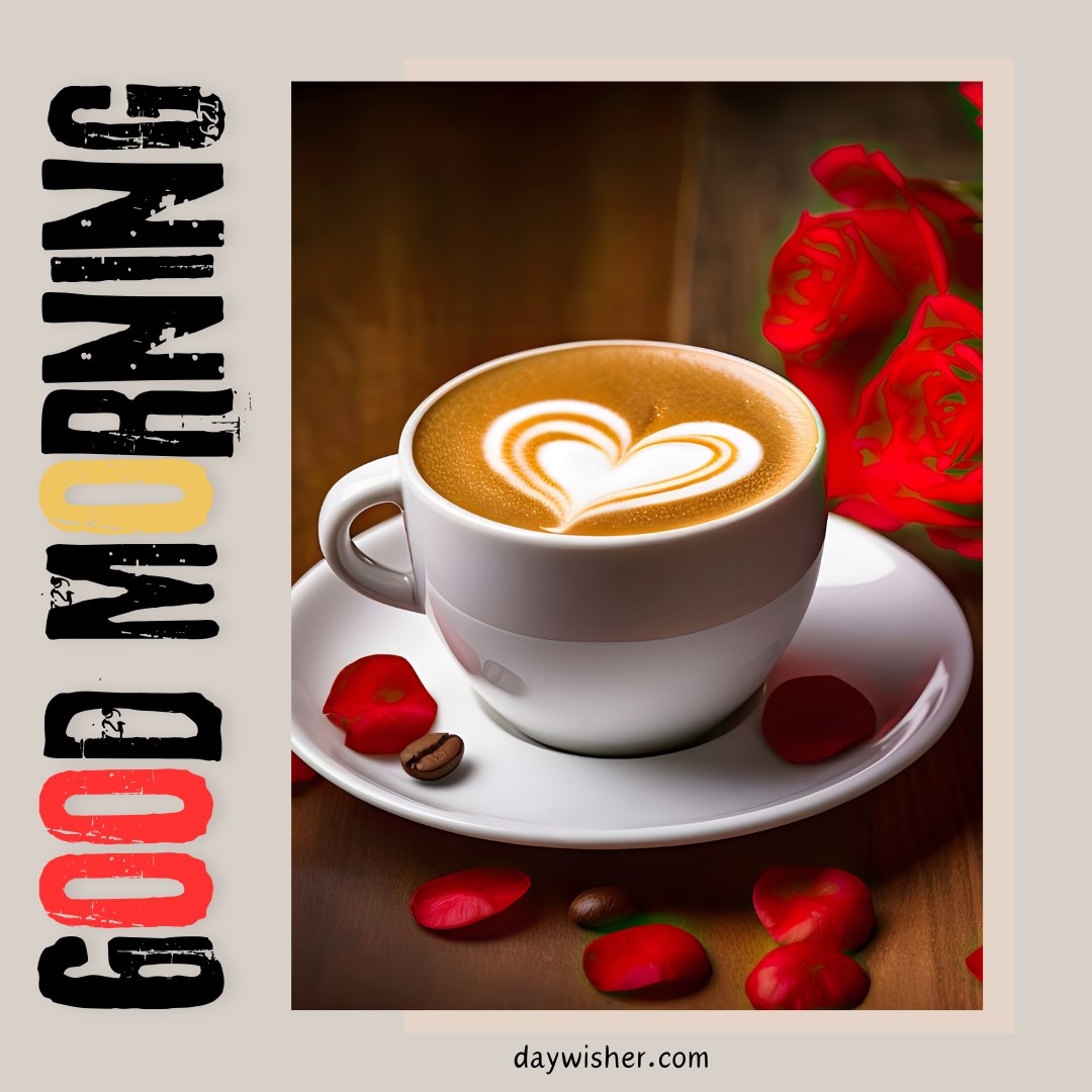 Inviting good morning coffee image highlighting a white cup with heart-shaped latte art, accompanied by romantic red roses and scattered petals and coffee beans, all set against a warm, wooden backdrop, perfect for a love-filled morning.