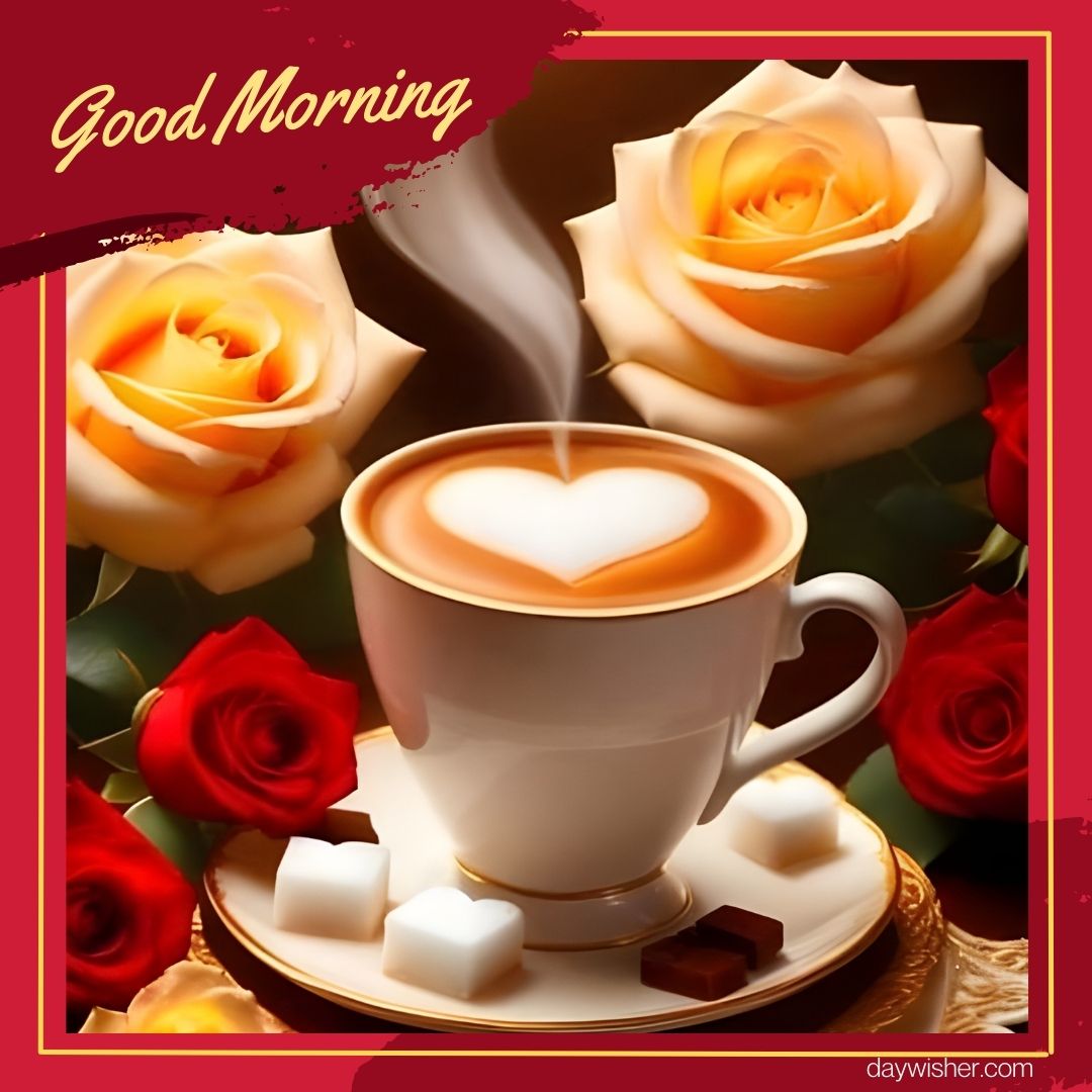 Romantic good morning coffee image displaying a white cup with heart-shaped latte art on a golden saucer, surrounded by enchanting roses in shades of red and peach, creating a perfect setting for a loving and uplifting morning.