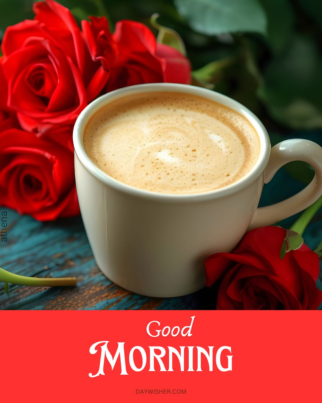 Elegant good morning coffee image featuring a white mug filled with creamy coffee beside vibrant red roses, perfectly capturing a romantic and fresh morning mood on a rustic blue wooden surface.