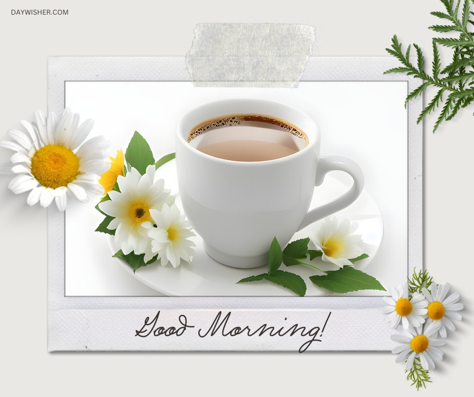 Refreshing good morning coffee image depicting a classic white cup filled with tea or coffee, surrounded by vibrant white daisies and lush greenery, offering a natural and peaceful start to the day.