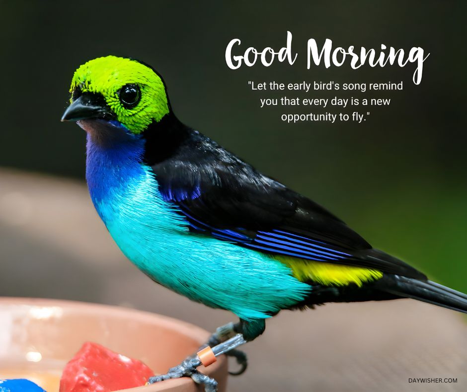 A vibrant photo of a Paradise Tanager, showcasing its stunning feathers in shades of electric blue, lime green, and yellow. The bird is perched alertly on a branch, over a background of soft, dark hues. Accompanied by a morning greeting, "Good Morning" and an inspirational quote: "Let the early bird's song remind you that every day is a new opportunity to fly." This image beautifully captures the essence of new beginnings and the natural beauty of wildlife.