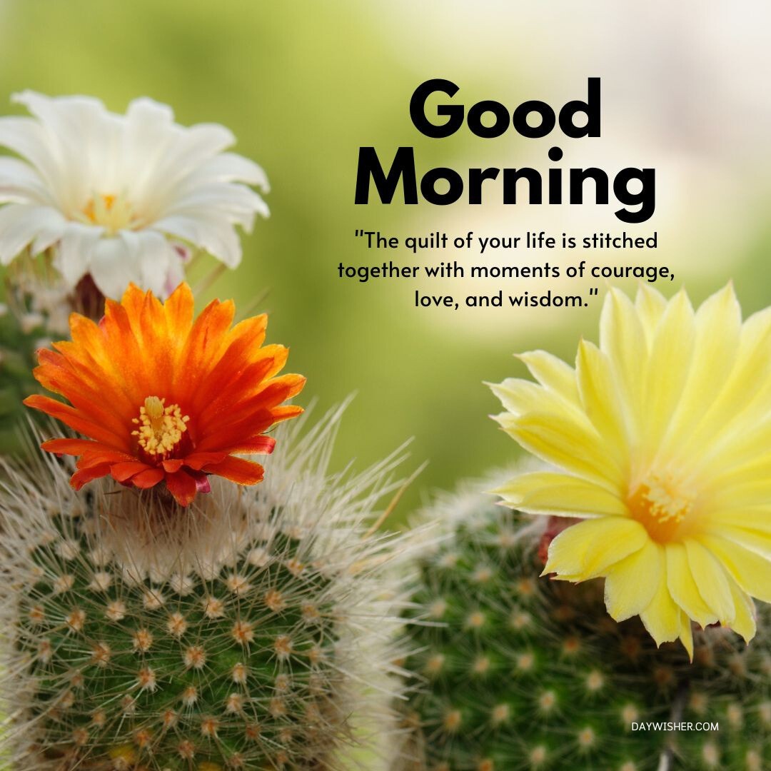 Vibrant cactus flowers in full bloom, featuring striking orange and bright yellow blossoms against a blurred green background. This good morning image showcases the unique beauty of cactus flowers, accompanied by an inspirational quote about life's moments of courage, love, and wisdom. Perfect for sharing as good morning flowers images to start the day positively.