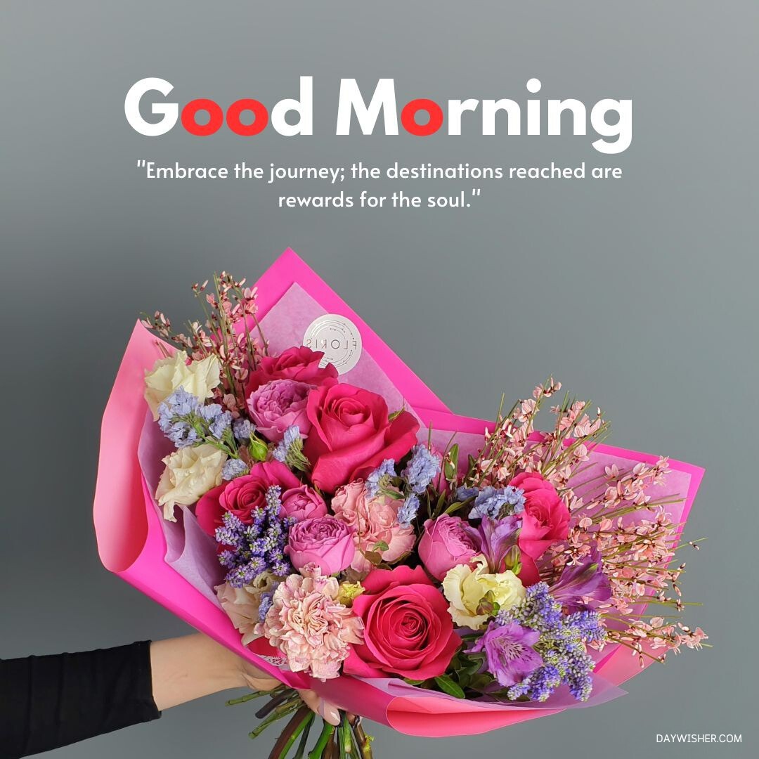 A hand holding a vibrant bouquet of pink and purple flowers, including roses and carnations, against a gray background, accompanied by a good morning quote about embracing the journey. Perfect for sharing as good morning flowers images to start the day with positivity.