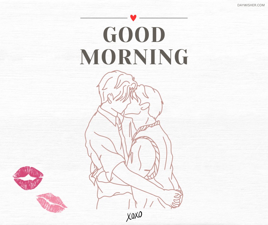 A simple line drawing of a couple embracing and sharing a kiss, with the words "Good Morning" written above and "xoxo" below on a white background. Pink lip prints and a small red heart add a romantic touch, making this image perfect for a sweet morning greeting.