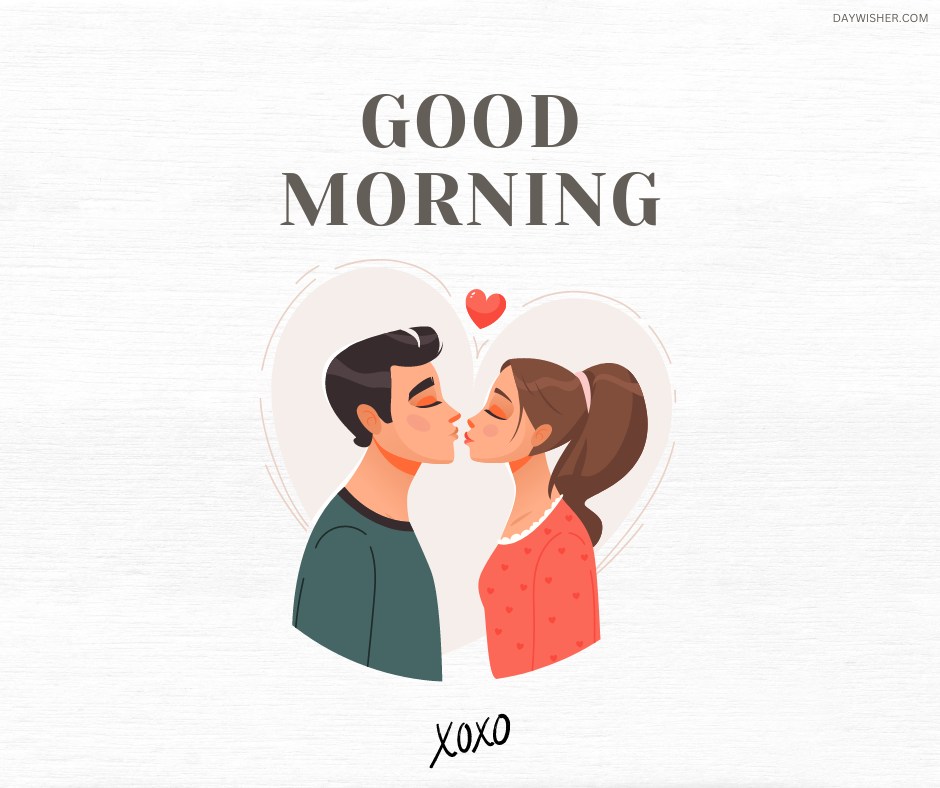 A cute illustration of a couple sharing a kiss with a heart in the background. The words "Good Morning" are written above and "xoxo" below on a white background, making it a charming image for expressing morning love.