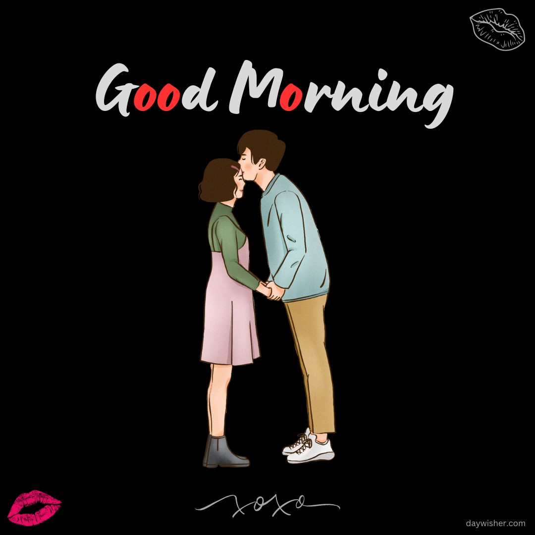 An illustration of a couple sharing a sweet kiss while holding hands, with the text "Good Morning" written above in stylish letters, accented with a red 'O'. Pink lip prints and "xoxo" add a romantic touch, making this image perfect for a loving morning greeting.