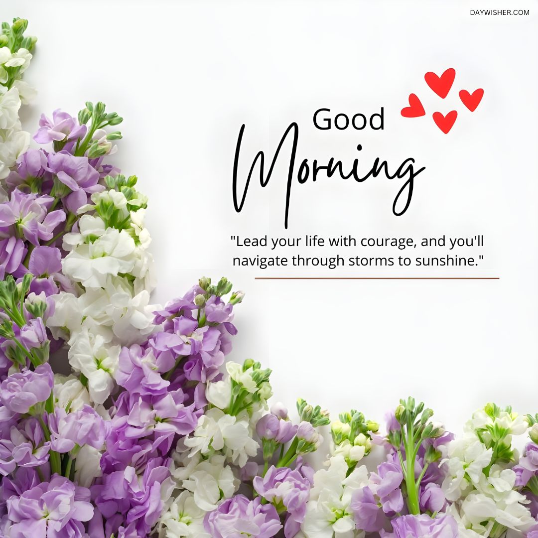 A vibrant cluster of purple and white flowers filling the corner of the frame with a thoughtful good morning message about courage and navigating through life, making this a perfect good morning flowers image to inspire positivity.