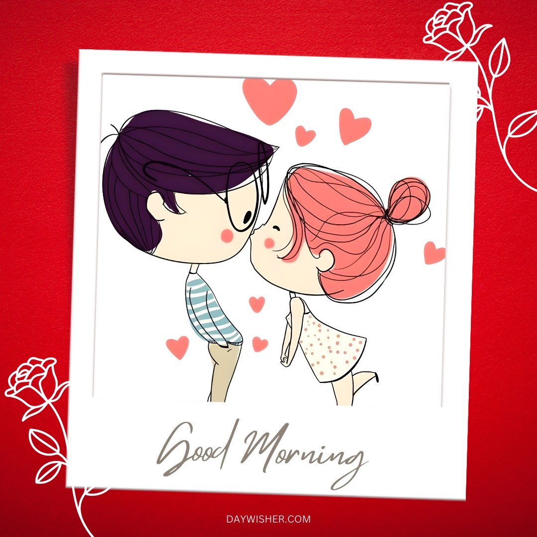 Adorable cartoon of a couple sharing a morning kiss with hearts floating around, accompanied by the text "Good Morning," ideal for expressing love and affection in the morning.