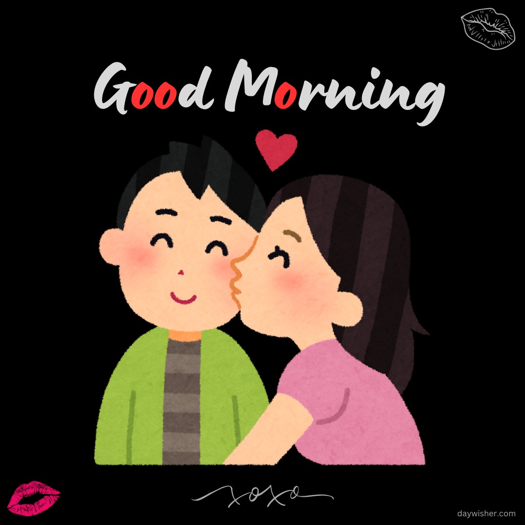 A charming illustration of a girl kissing a boy on the cheek with a heart above them. The words "Good Morning" are written above in stylish letters, accented with a red 'O'. Pink lip prints and "xoxo" add a playful touch, perfect for a sweet morning greeting.