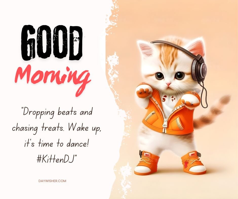 An adorable white and orange kitten equipped with a DJ headset and dressed in a vibrant orange sports jacket and matching sneakers. The kitten appears to be in motion, perhaps dancing or getting ready to spin some records, against a soft peach background.