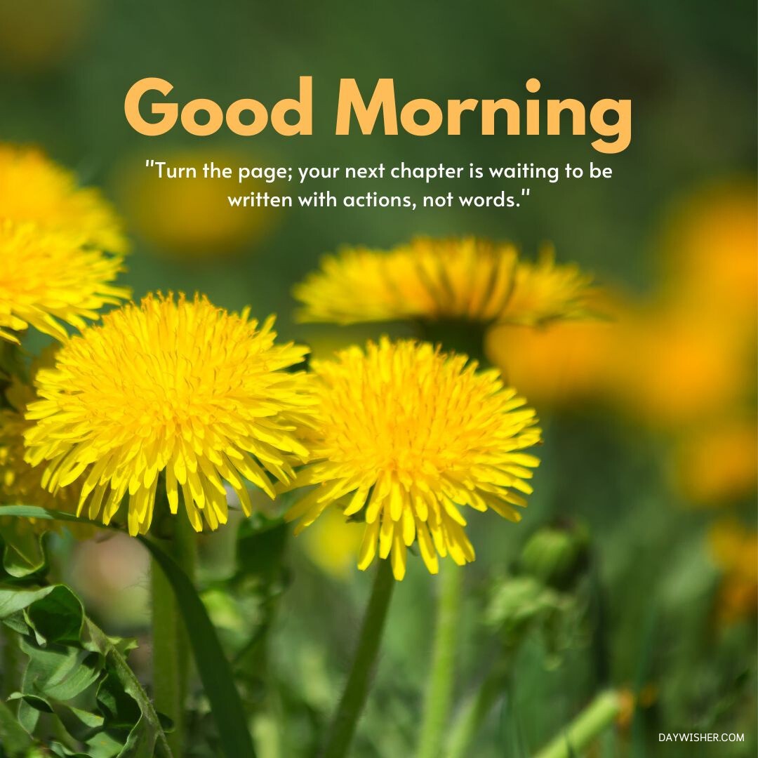 Vibrant yellow dandelions flourishing in a field with a motivating good morning message about turning pages and taking action, perfect for a good morning flowers image that inspires a proactive start to the day.