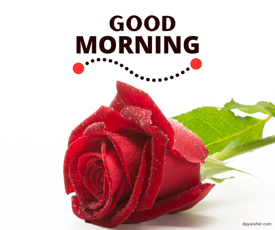 A pristine image of a red rose adorned with fresh morning dew, accompanied by an elegant "Good Morning" text in a dotted arc design. This image captures the rose's vibrant red color and delicate dewdrops, conveying a sense of freshness and renewal, ideal for a refreshing morning greeting.