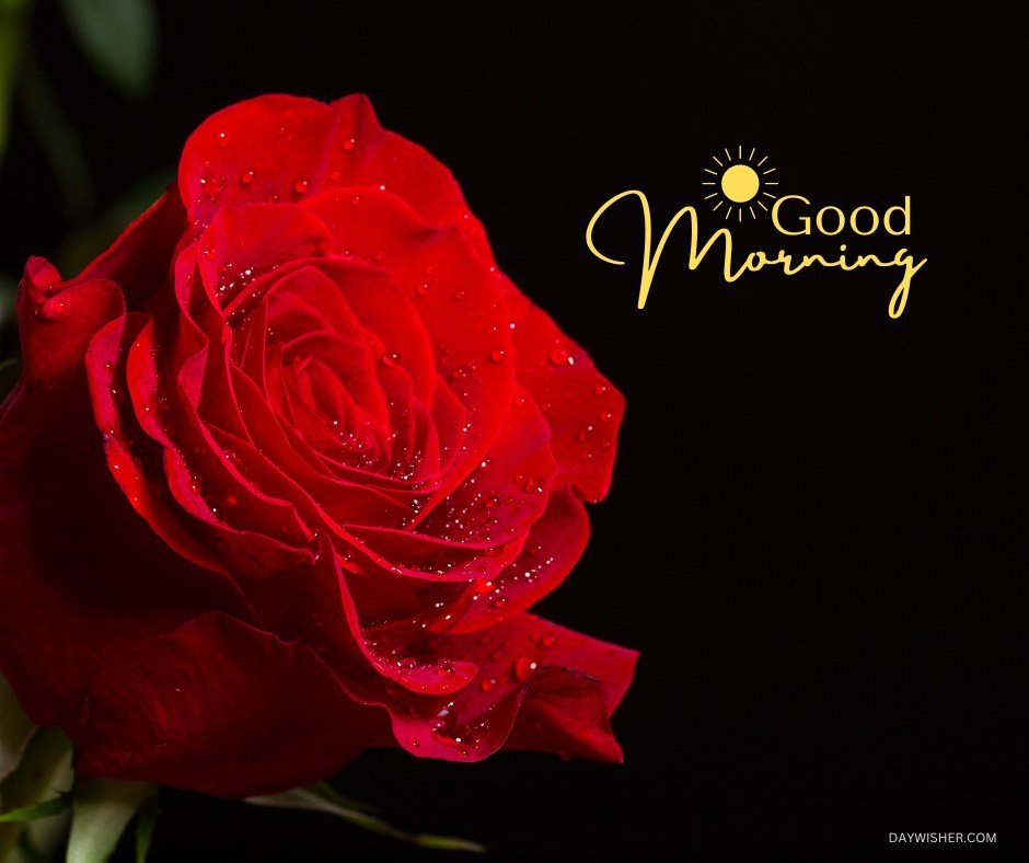 A stunning image of a vivid red rose adorned with dew drops, set against a dark background, enhancing the rose's rich color. The elegant "Good Morning" script in gold with a sun motif adds a warm greeting, making this image ideal for a refreshing and uplifting morning message.