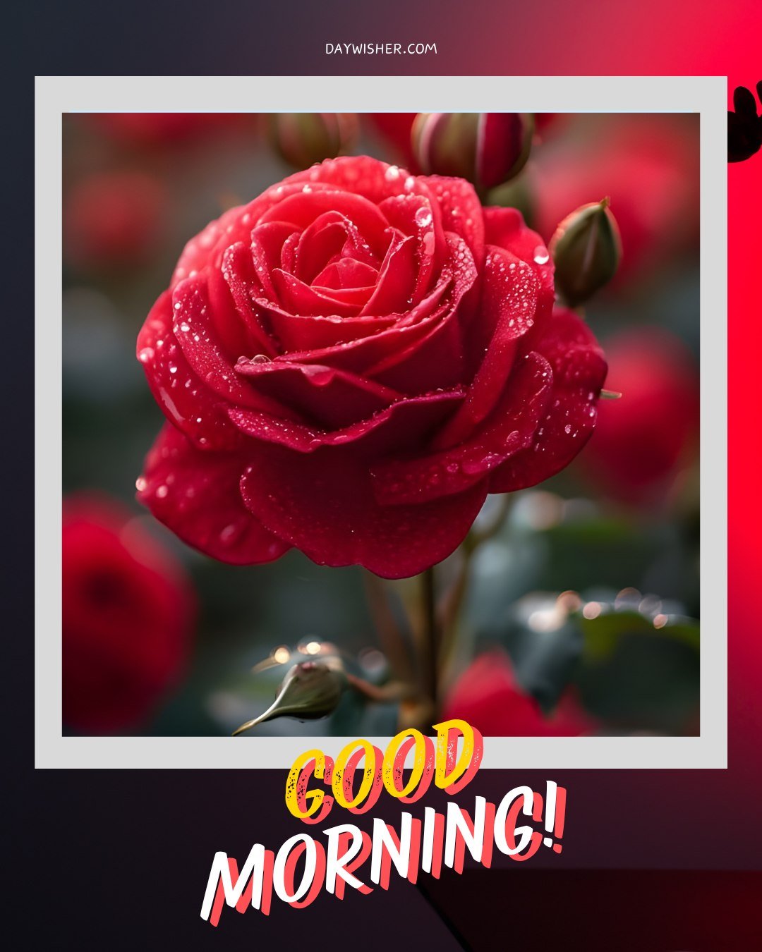 A stunning close-up of a red rose, its petals adorned with fresh morning dew, set against a softly blurred backdrop of budding roses. The vibrant "GOOD MORNING!" text adds a lively and welcoming touch to the image, making it an ideal choice for a refreshing and uplifting morning greeting.