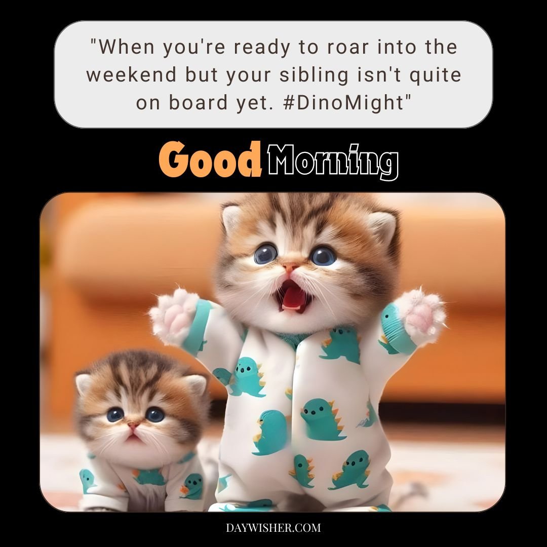 Two adorable kittens dressed in cozy dinosaur-themed onesies. The larger kitten stands with its paws up, mouth open in a joyful yawn or meow, while the smaller one looks on with wide, curious eyes. The background is warmly lit, enhancing the homey and delightful scene.