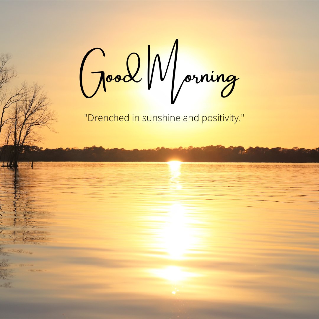 An exquisite good morning sunshine image capturing the tranquil sunrise over a serene lake, with the inspiring caption "Drenched in sunshine and positivity." This image embodies a peaceful and hopeful start to the day, perfectly suited for sharing a message of optimism and brightness. Ideal for anyone looking to spread warmth and positive energy in their morning greetings.