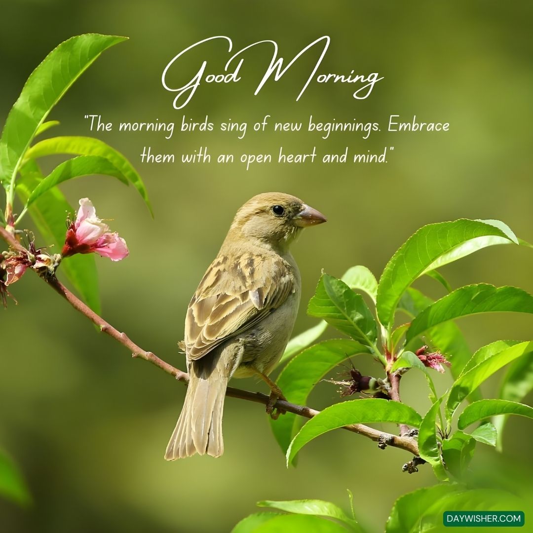 A serene morning image showcasing a small, delicately feathered bird perched gracefully on a flowering branch, with soft green leaves surrounding it. The peaceful bird, set against a lush green backdrop, exemplifies a moment of calm and new beginnings. The accompanying text 'Good Morning - The morning birds sing of new beginnings. Embrace them with an open heart and mind' invites a reflection on new opportunities with the start of each day.