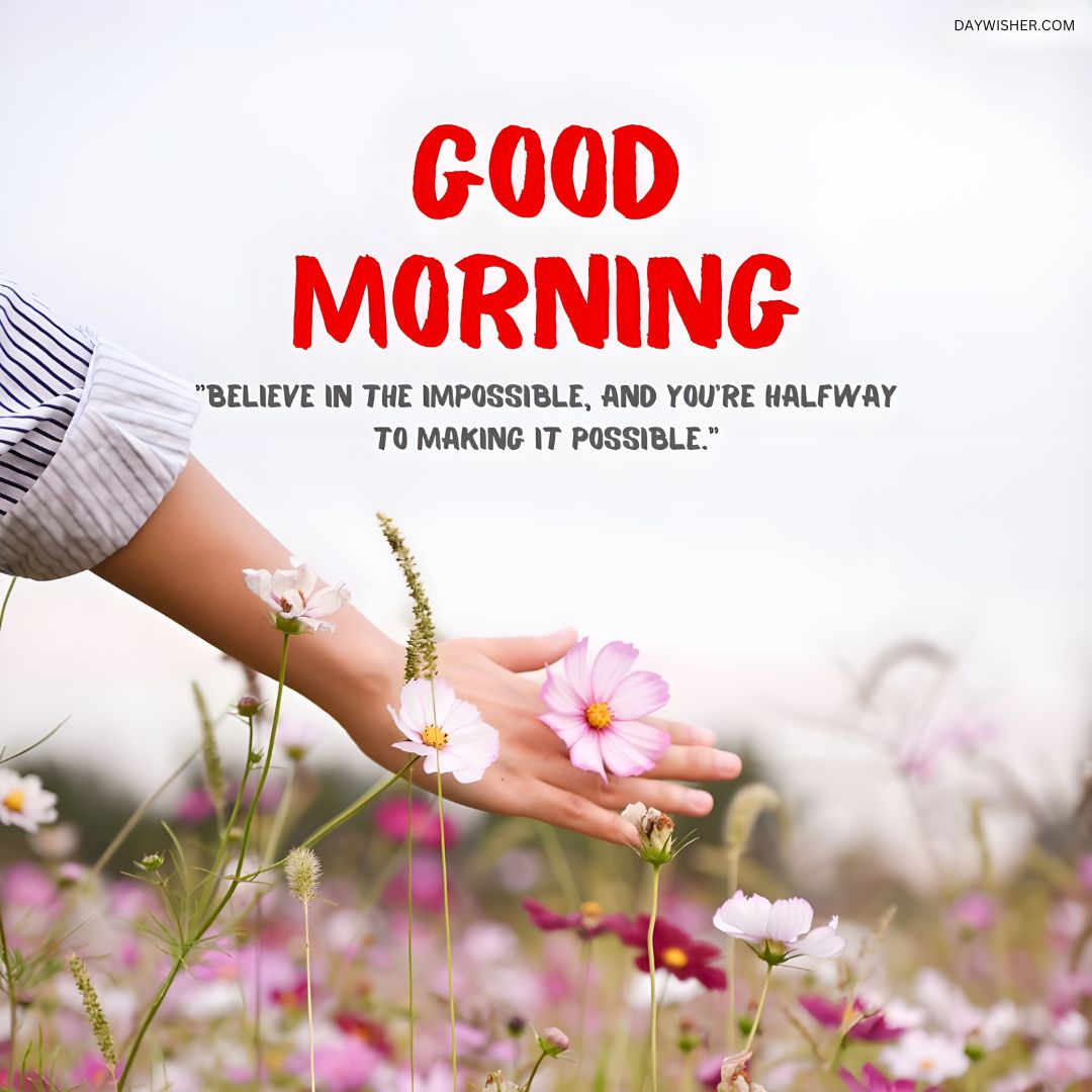 A woman's hands gently touching wildflowers in a blooming field, with a bold good morning greeting and a quote about believing in the impossible, making this a perfect good morning flowers image for inspiration.