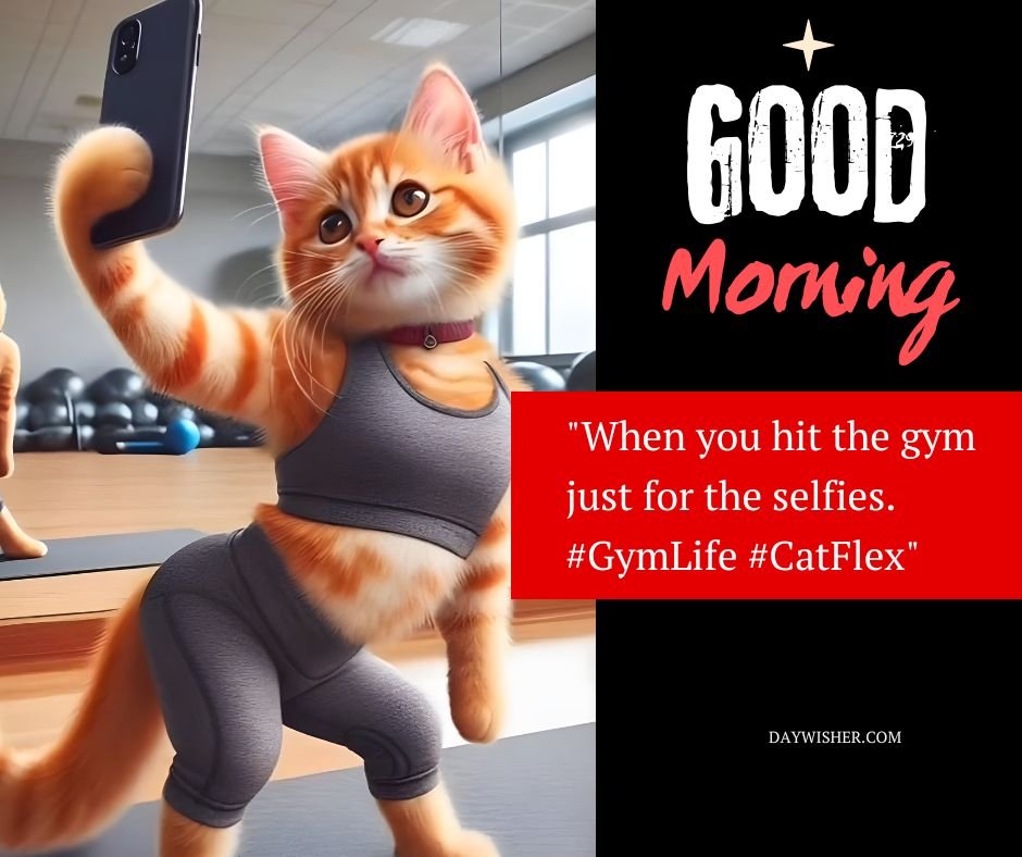 A charming ginger cat dressed in workout attire takes a selfie in a gym. The cat, sporting a gray sports bra and matching leggings, stretches one arm to hold the phone, capturing its enthusiastic expression. In the background, another cat continues its workout, adding to the dynamic gym atmosphere.