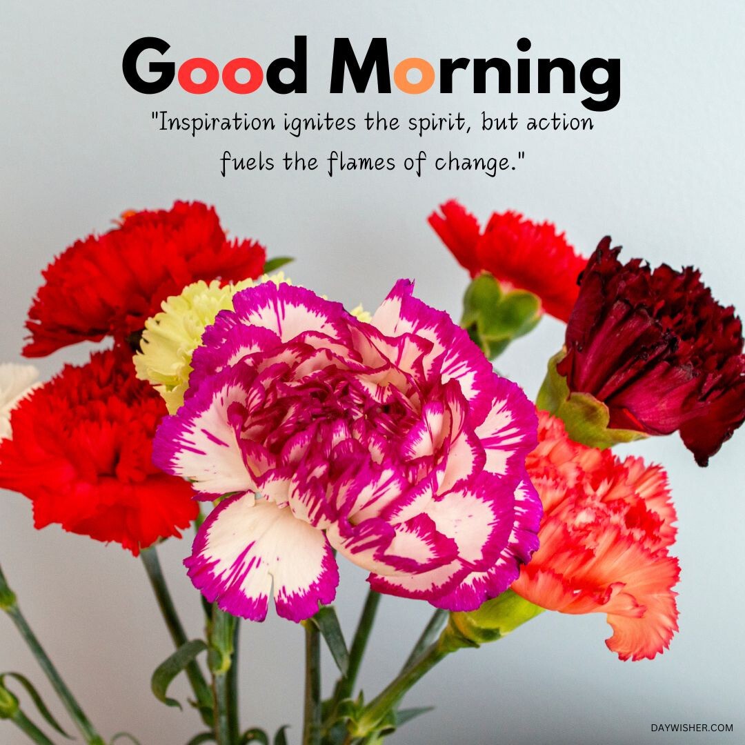 Bright and colorful good morning flowers, featuring a vivid assortment of red, purple, and yellow blooms, beautifully arranged and complemented by an inspiring quote to start your day.