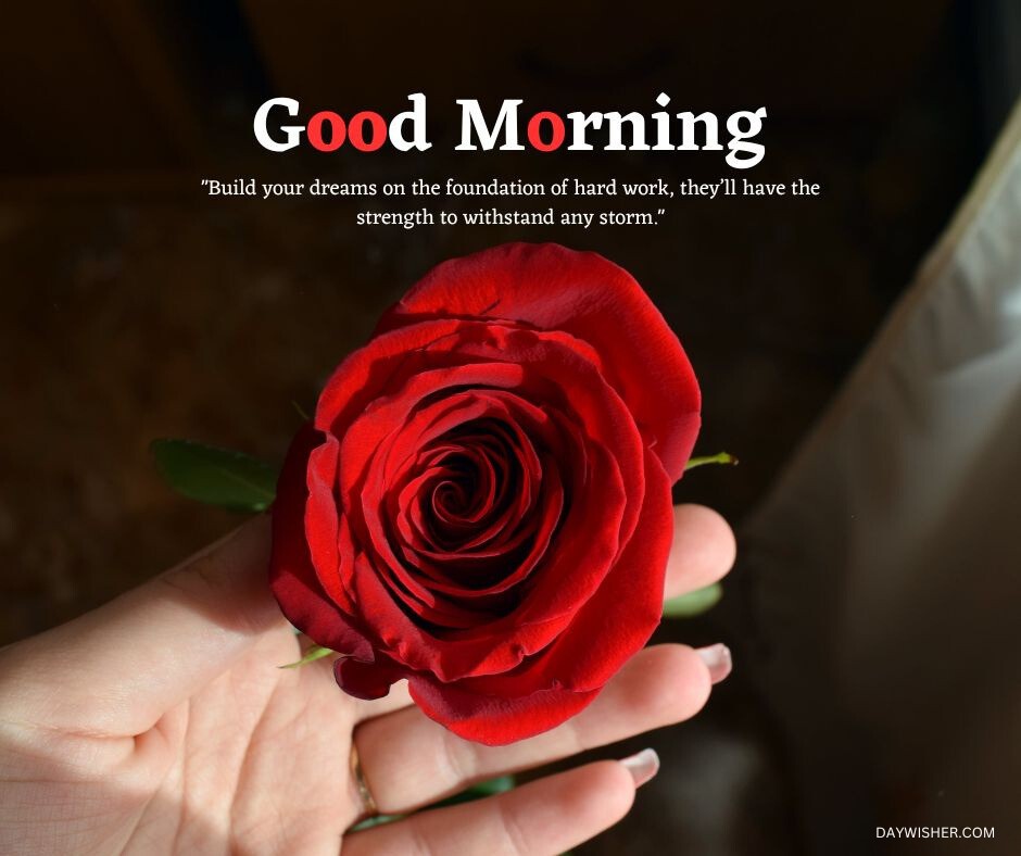 A close-up image of a stunning red rose held gently in someone's fingers, set against a soft, dark background. The rose is perfectly bloomed, its petals spiraling intricately towards the center, symbolizing passion and determination. Accompanied by a motivational quote on hard work and resilience, this good morning message inspires to build dreams on a solid foundation, just as the rose stands strong and beautiful.