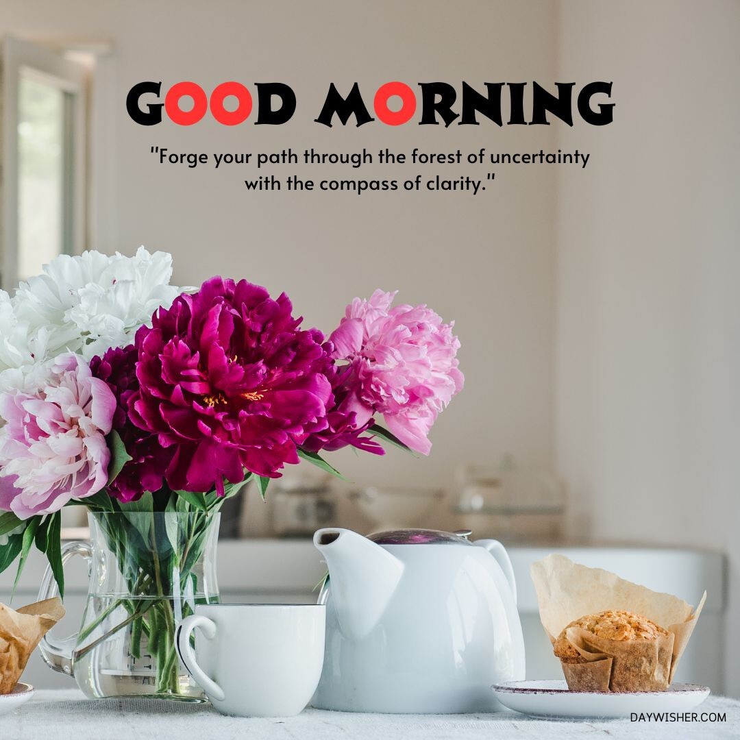 A beautifully arranged bouquet of peonies in various shades of pink and white, displayed in a clear glass vase on a kitchen table. Next to the flowers, there is a white teapot, a matching cup, and a muffin on a small plate, creating a serene and inviting morning scene. The image is overlaid with the text "GOOD MORNING" and an inspiring quote about finding clarity.